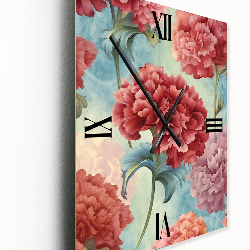 Red Teal Carnations Harmony - Floral Modern Wall Clock, Medium