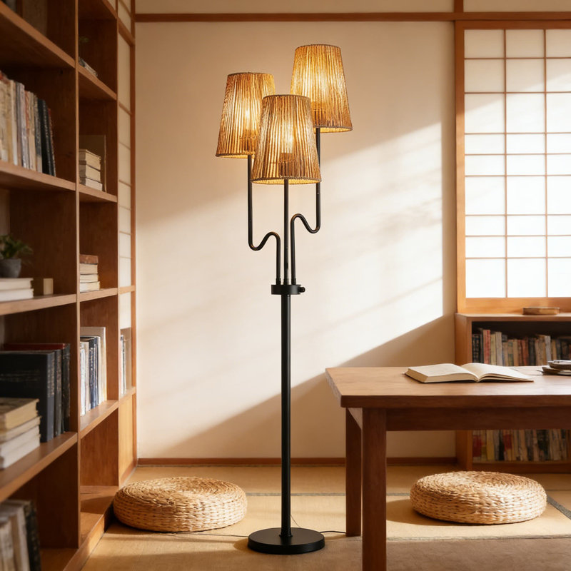 Lampe sur pied à intensité variable avec abat-jour naturel - lampe sur pied à branches 68 po avec 3 lumières, gradateur rotatif en continu, douille E26 pour décoration de salon et de chambre de style bohémien, côtier ou bohémien