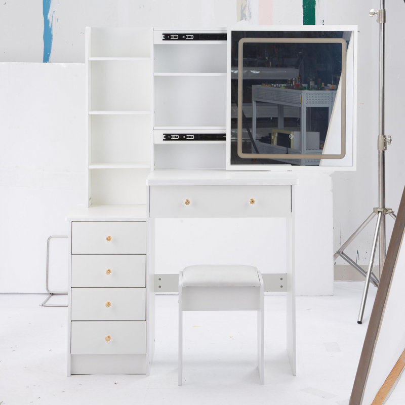 37" Middle Size Left Bedside Cabinet Vanity Table + Cushioned Stool, Large Sliding, Touch Control, Tri-Color Switching, Brightness Adjust Led Mirror, High Capacity Storage, Suitable For Middle Space