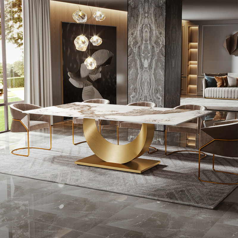 78.7" White Sintered Stone Dining Table with Gold Stainless Steel Base