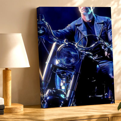 Biker On Motorcycle Poster Leather Jacket Sunglasses Blue Neon Print Canvas Wall Art Print, Blue Decorative Artwork For Living Room Bedroom Office, Hallway Gallery Wall Home Decor