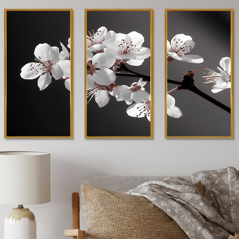 «Cherry Blossom Charm In Monicolore I», ensemble de reproductions d'art mural cerisier en fleurs, Cadre flottant doré