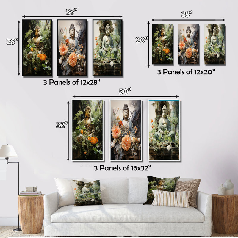 «Green Buddhist Art Buddhas Serene», 3 pièces sur toile, Cadre noir, H 40 po x l 60 po