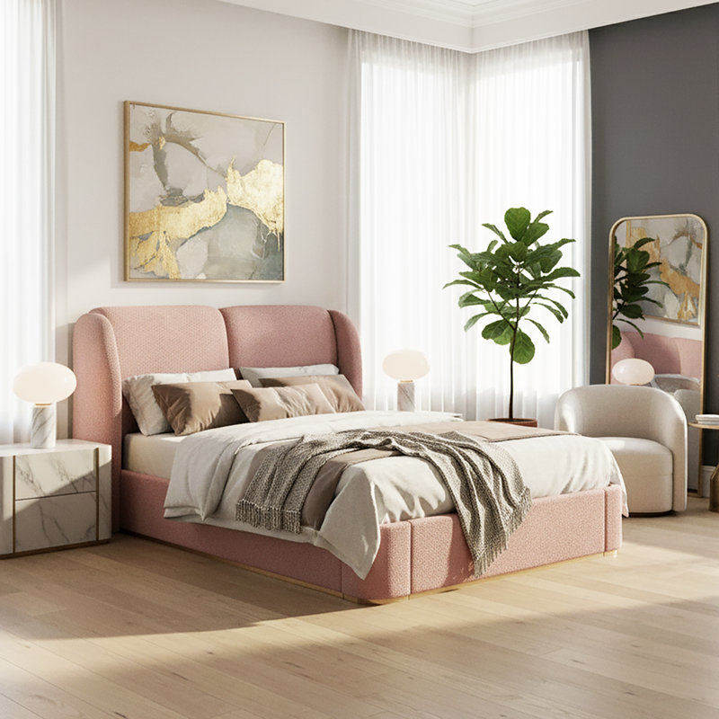 Henry Boucle Upholstered Platform Bed With Headboard & Wooden Slats, King, Pink