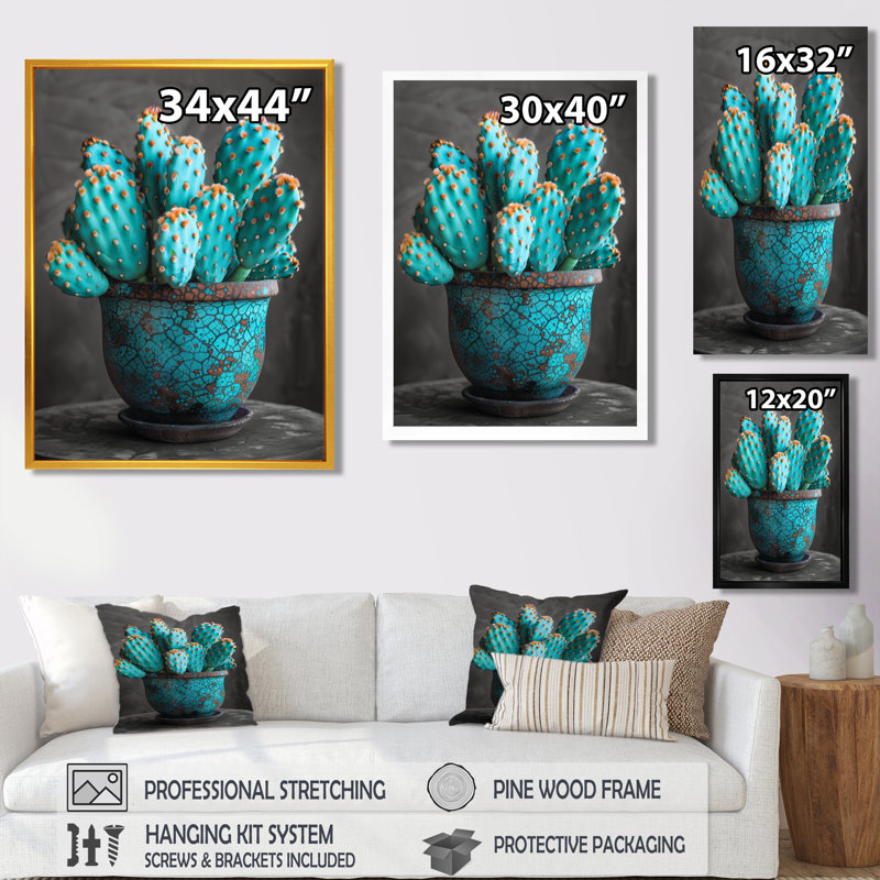 Turquoise gris, photo monochrome de cactus dans un vase - art mural de cactus floral, salon, Toile avec cadre flottant noir