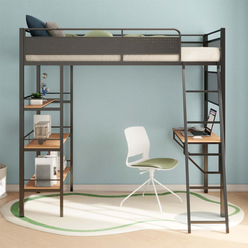 Lit mezzanine à 3 tablettes avec bureau intégré William Matte, parfait pour les chambres d'enfant de style industriel et moderne