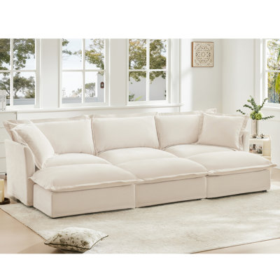 Comfy 3 With 3 Ottomans, Cream Chenille Cover, Perfect For Home Theater Living Room Upholstery, Elegant And Spacious Setup