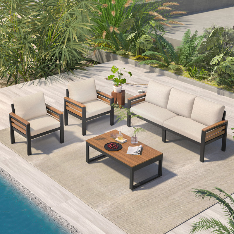 4-Piece Acacia Wood Patio Set with Removable Cushions, Beige