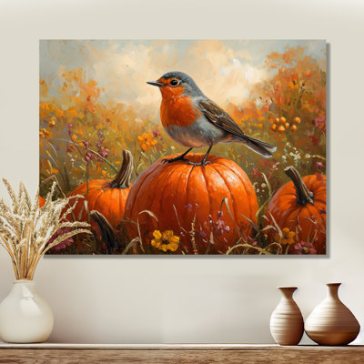 Oiseau Robin dans la citrouille - art mural oiseau