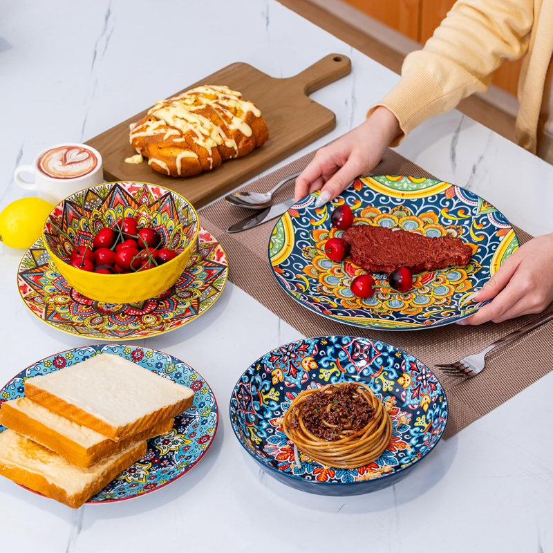 Service de vaisselle 16 pièces, assiettes et bols Boho Style, Bleu / Vert / Jaune