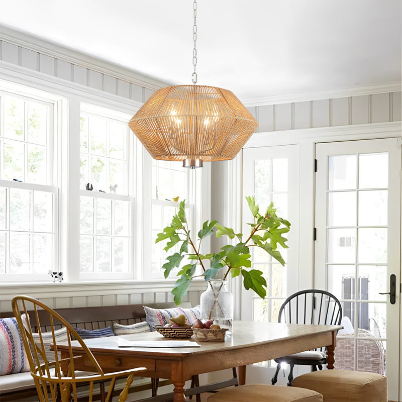 Bequette 4 - Light Dimmable Drum Chandelier Hand-woven Natural Rattan Bohemian Pendant, Nickel
