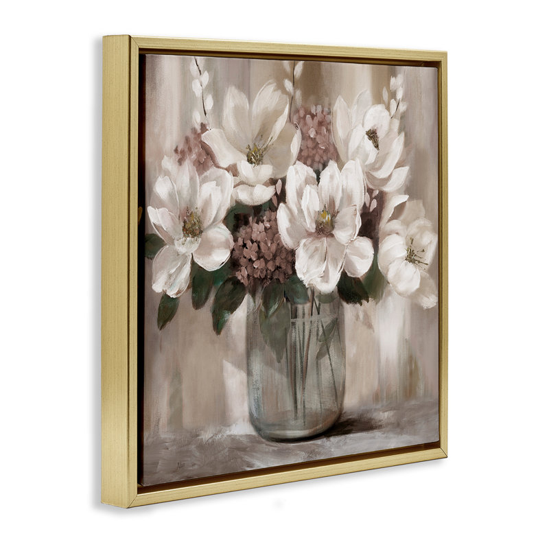 Cadre flottant ivoire Magnolias, design par Nan, Cadre flottant métallique doré, H 18 po x l 18 po