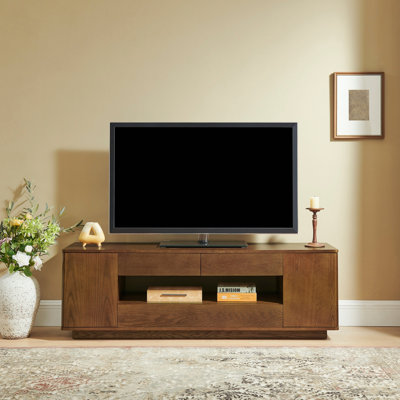 59" Mid Century Modern TV Stand For Tvs Up To 65", Walnut Entertainment Center With Open Storage & Side Cabinets & Drawers, Vintage TV Stand With Curved Design, Perfect  For Living Room, Office