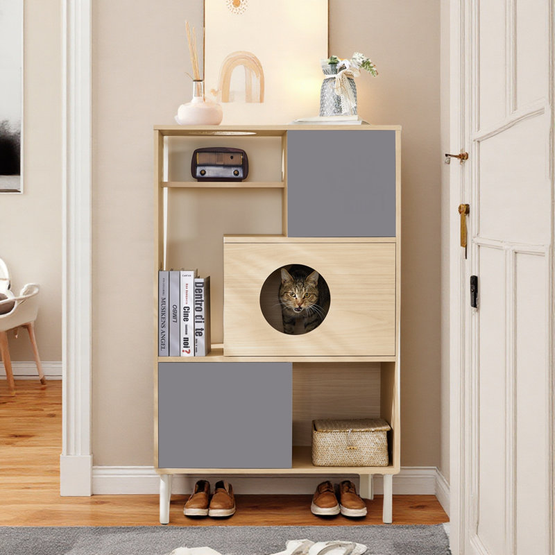 Bibliothèque pour chat moderne avec tablettes de rangement et 2 armoires