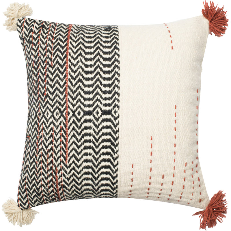 22" Black and Ivory Cotton Blend Square Pillow with Tassels