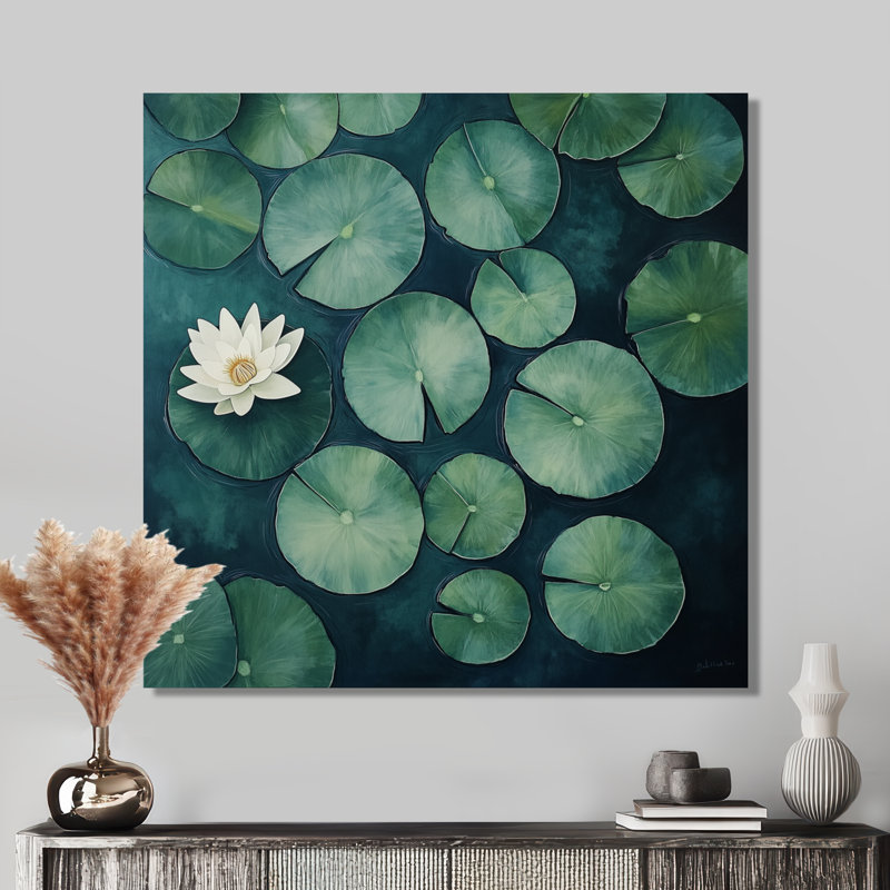 Nénuphar solitaire - Tableau botanique vert sur toile, H 16 po x l 16 po, Toile tendue