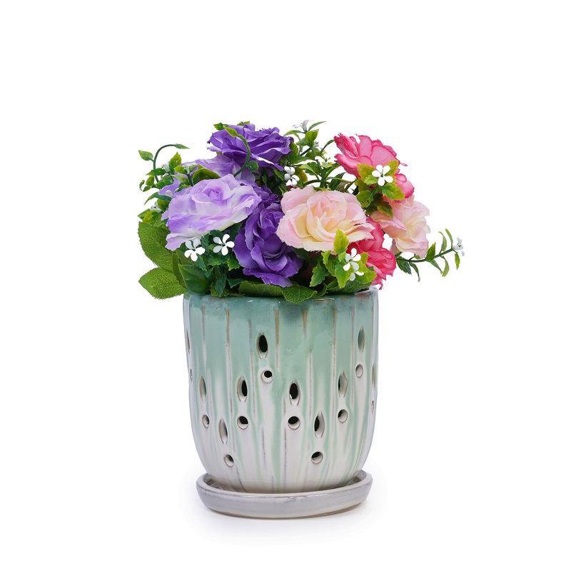 Set Of 2 Ceramic Flowerpot With Drainage Hole, 8" Modern Planter For Patio, Garden, Windowsill, Green/White