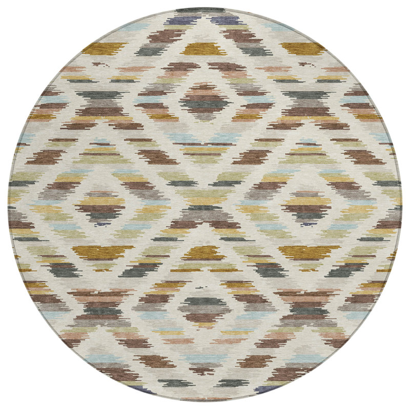 Machine Washable Indoor/Outdoor Chantille Tribal Rug, Beige, 8' Round