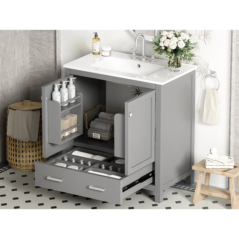 Armoire de rangement pour salle de bain 30 po, gris, bois massif, évier simple, 2 portes, 1 tiroir fonctionnel, applicable en gris. Meuble-lavabo avec portes. 2 portes et 1 rangement, en bois