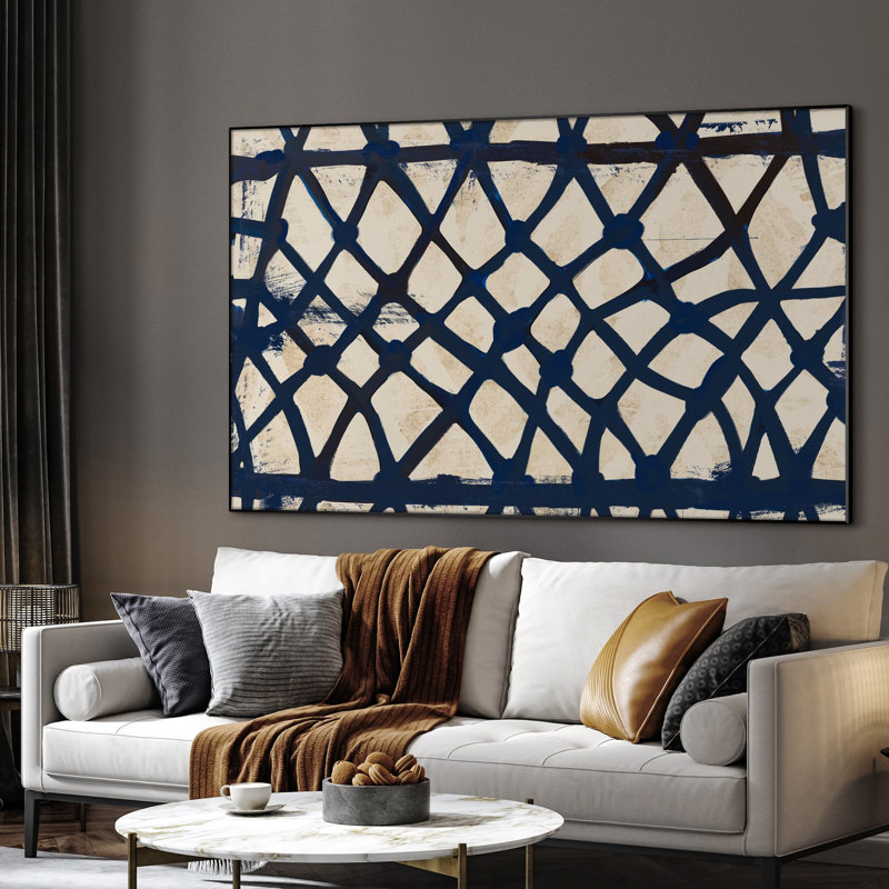 Framed Wall Art Blue Lattice Brushstroke Abstract Hand-Painted Diamond Grid Illustration for Home Living Room Bedroom Decor (Frame Assembly Required)