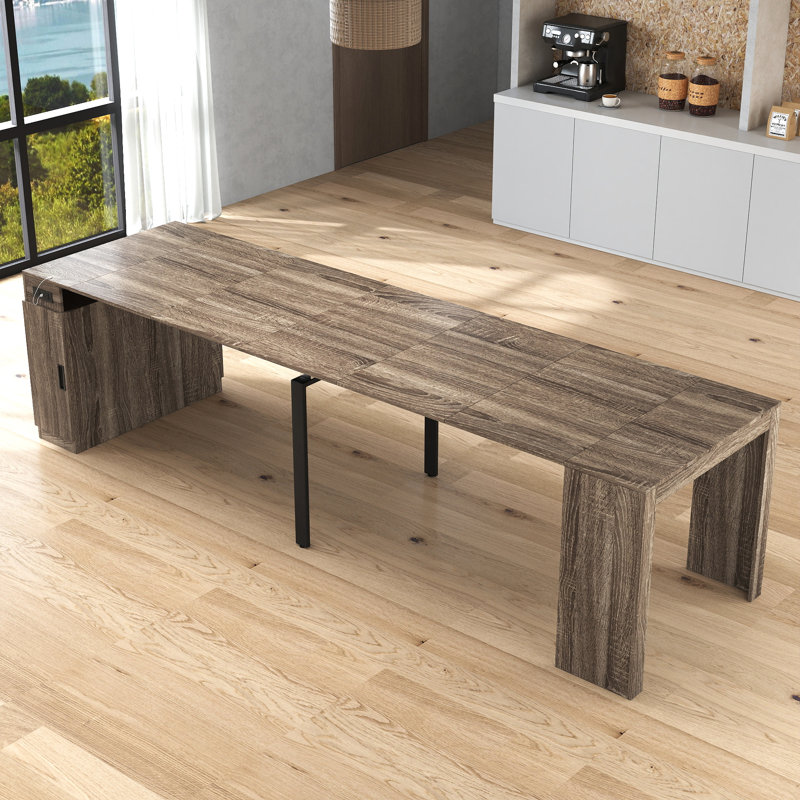 118''-23.62'' Multifunctional Extendable Dining Table With Outlet, Space Saving Kitchen Table With 5 Extension Panels, Brown