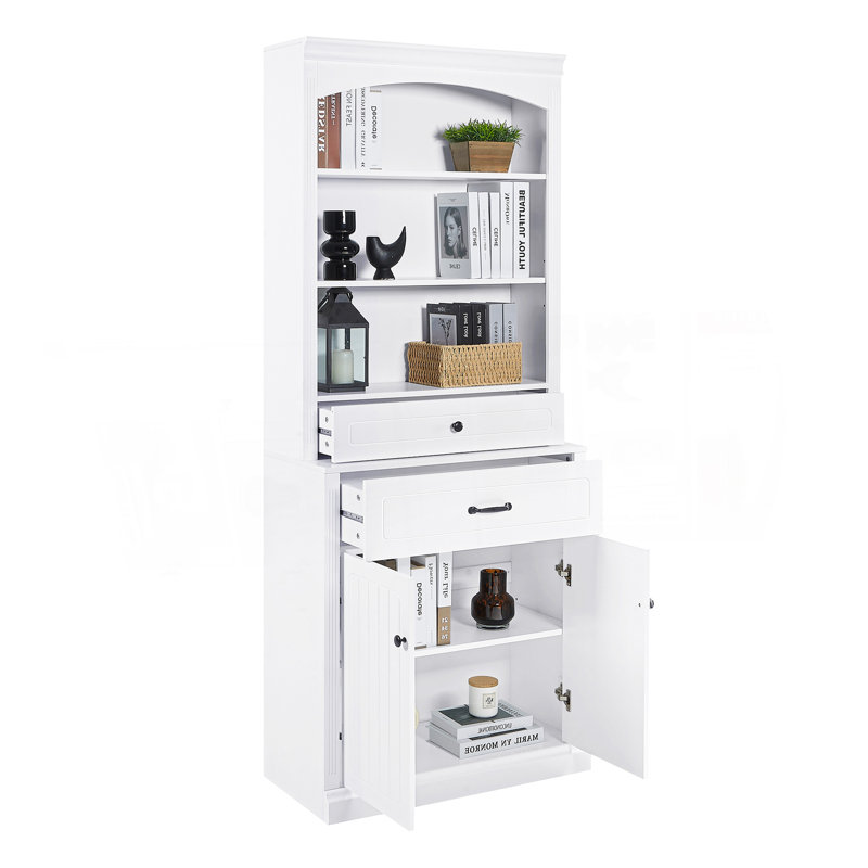 Armoire de rangement blanche avec deux portes, tiroirs, tablette réglable et trois tablettes ouvertes - fabrication en panneau de fibres à densité moyenne durable