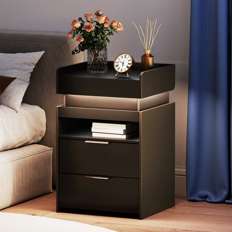 Table de chevet à DEL de style moderne l 17,7 po avec 2 tiroirs, table de chevet noire avec station de charge, table de chevet pour le salon