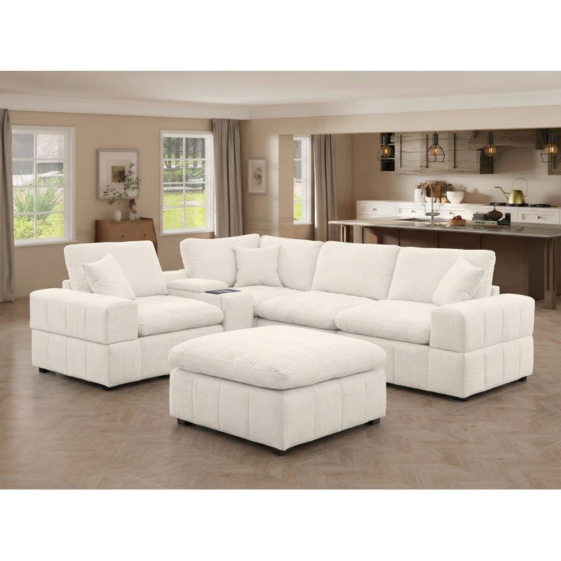Two Colors Fabric Modular Sectional With Wireless Charging (6 Piece), Beige Polyester;Chenille