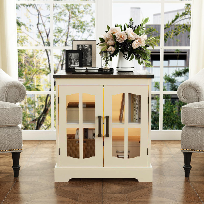 Table de bout à DEL avec porte en verre 23,6 po et 2 portes (ensemble de 2), Blanc, Couleurs claires