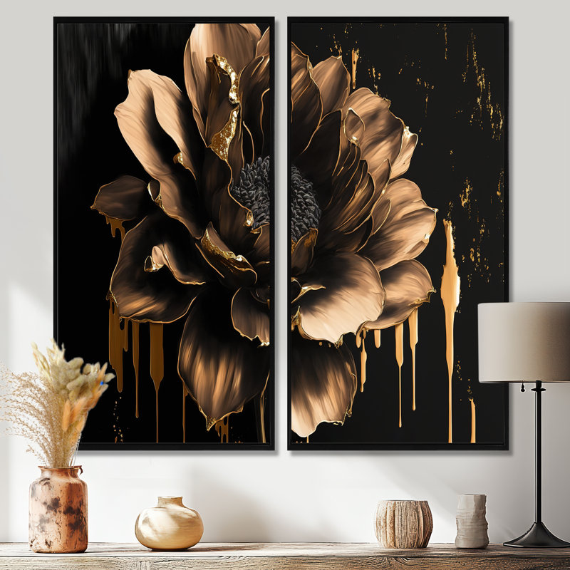 Dahlia noir et doré - 2 reproductions d'art sur toile, 2 pièces, H 40 po x l 40 po, Impression encadrée flottante, Noir