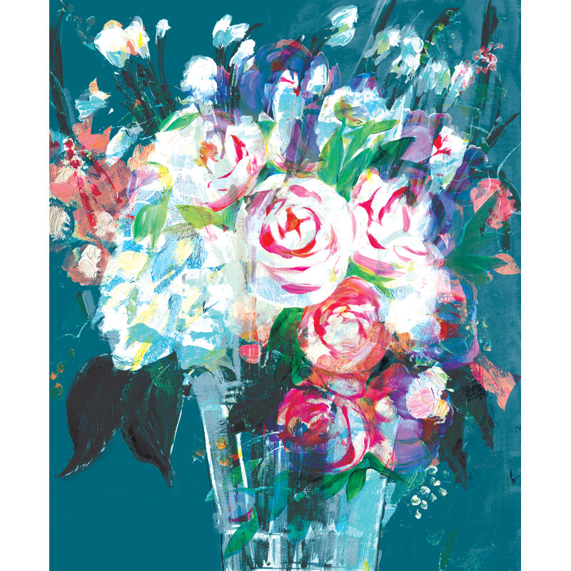 Colourful Flowers in Vase Blue - Painting Print, 91cm H x 61cm W, Black Floater Framed