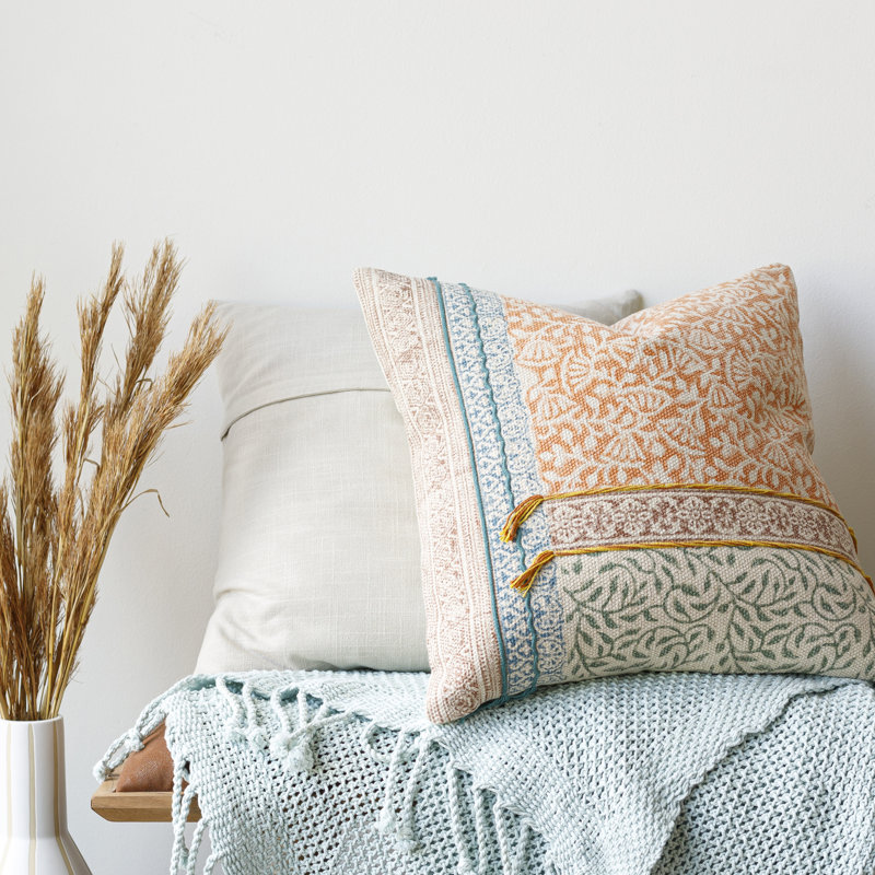 Sanga Fringed Cotton Blend Throw Pillow, 18" H x 18" W, Down