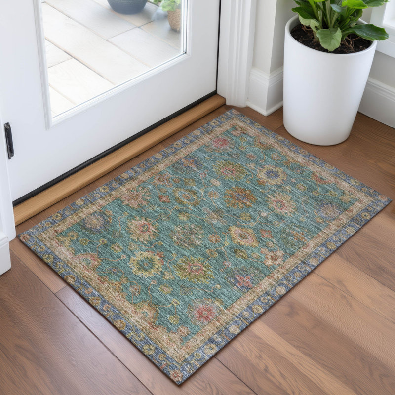 Tapis bleu sarcelle Xhevrie lavable à la machine intérieur / extérieur, Rectangle 1 pi 8 po x 2 pi 6 po