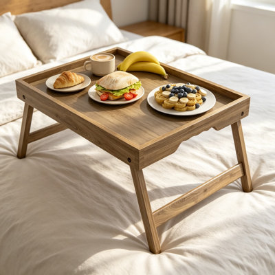 Bed Tray Table with Folding Legs for Eating, Breakfast in Bed, Sofa, and TV Snack Tray - Sturdy Wooden Lap Desk with Spill-Proof Raised Edges, Portable Handle Grooves for Indoor and Outdoor Use