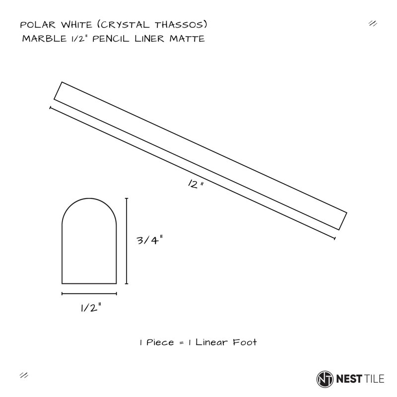 Carreau de doublure de crayon en marbre blanc polaire (Thassos cristal) 1/2 po x 12 po