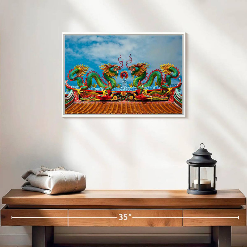 Twin Oriental Dragons, Floating Frame White, 19" X 13"