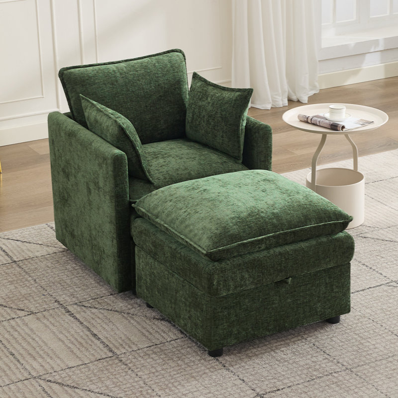 Upholstered Accent Armchair & Ottoman Set, Both with Hidden Storage, Green