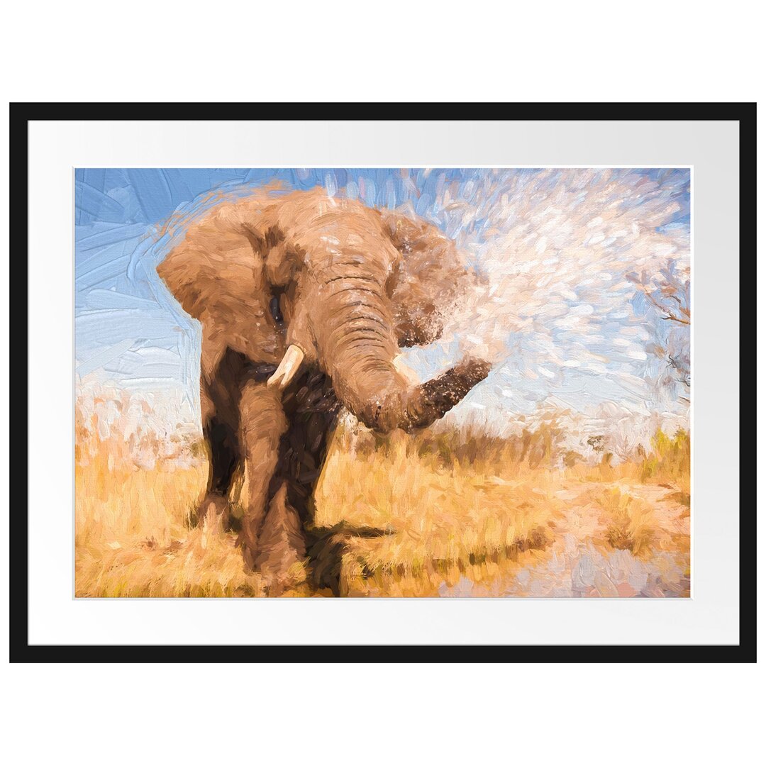 Gerahmtes Poster Elefant Spritzt mit Wasser