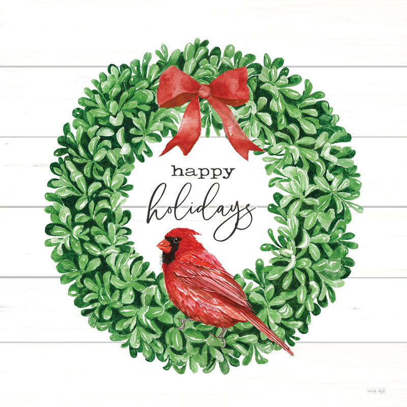 Joyeuses fêtes, couronne de cardinal sur toile, H 20 po x l 20 po