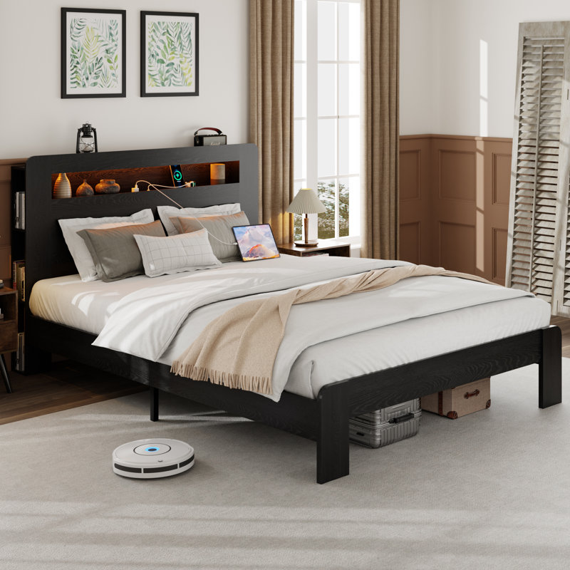 Wooden Bed Frame With Storage Headboard, Black, Full