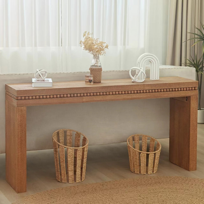 Console 64 po en bois rustique - Table d'entrée élégante avec bordure décorative perlée, Naturel antique