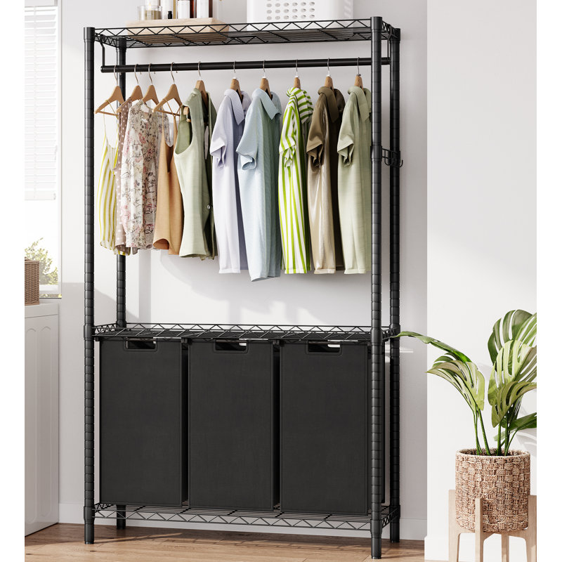 Laundry Sorter 3 Section Laundry Hamper Sorter With Garment Rack
