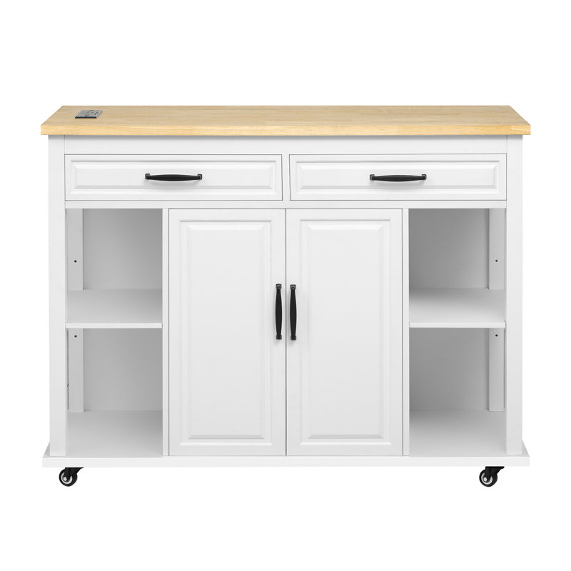Îlot de cuisine de 47,2 po avec table extensible à l'arrière de 13,8 po, placage en bois d'hévéa, rangement interne, charnières rectangulaires à fermeture en douceur de 47,2 po