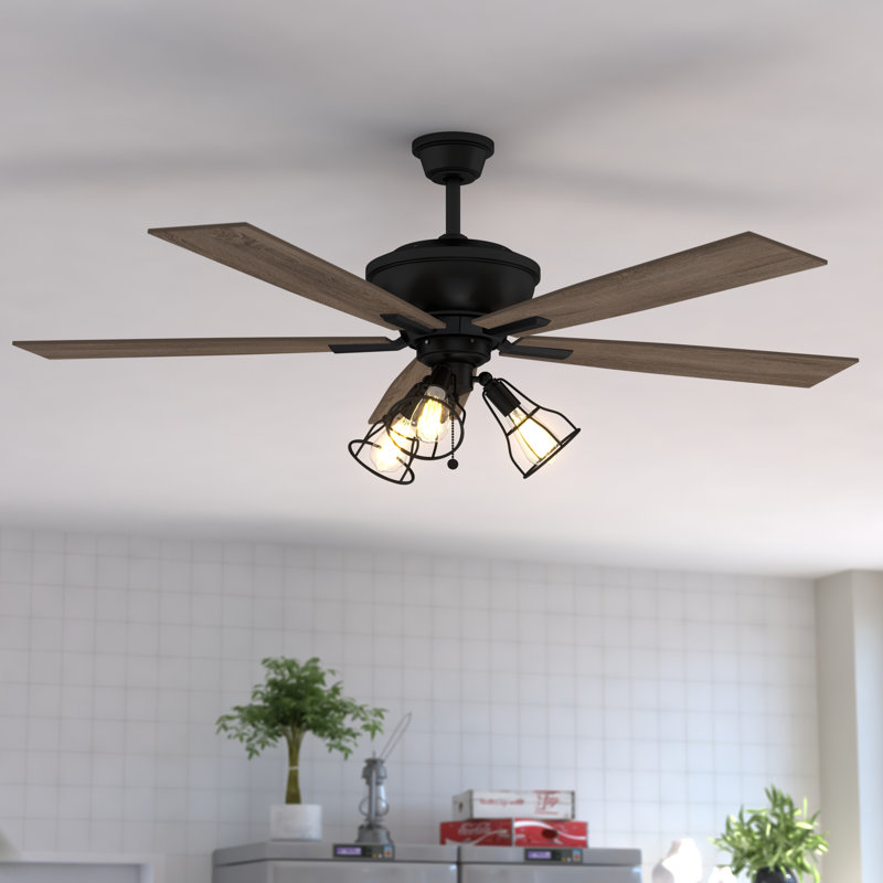 Hornsey 52 in. Bronze Indoor Rod Mount Industrial Ceiling Fan with Reversible Driftwood-Dark Maple Blades, 3-Light LED Caged Light Kit and Pull Chain Included, 3 Speeds, Bronze Wire Cage Shade