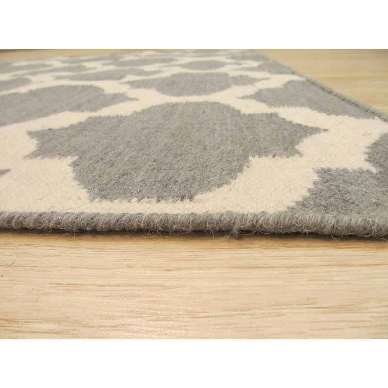 Gray Hand-Knotted Wool Ogee Lattice Geometric Modern Contemporary Carpet Rug, 9' x 12'