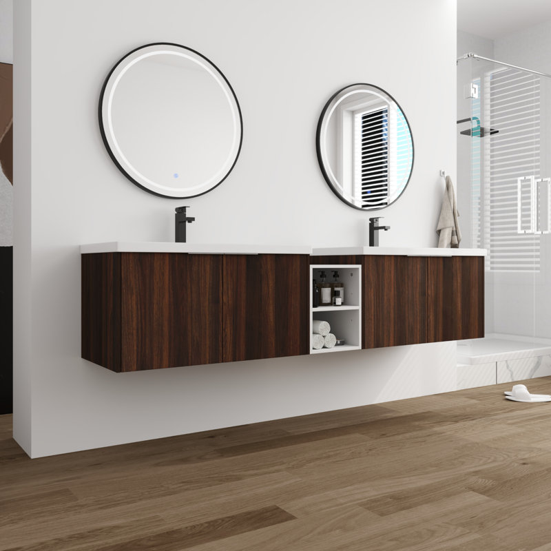 Meuble-lavabo double 84 po avec comptoir en résine, Brun