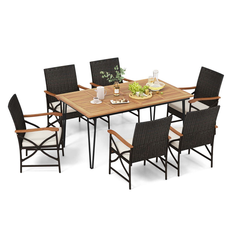  Ensemble de salle à manger 7 pièces avec coussins moelleux en rotin