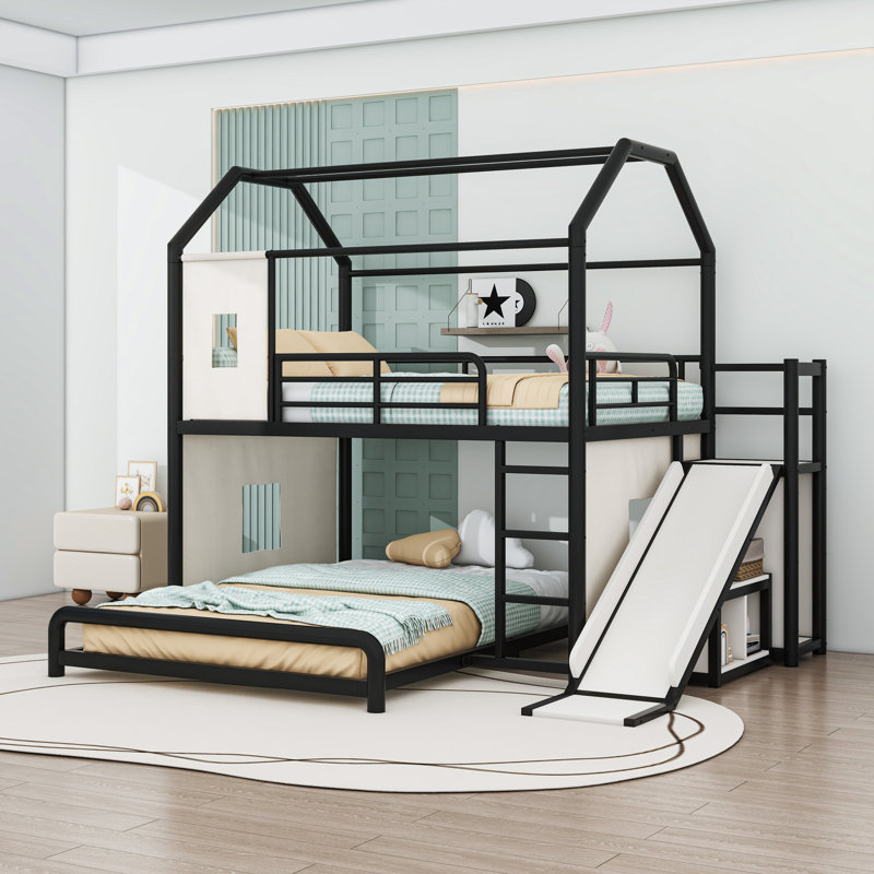 Lit superposé en métal avec glissière intégrée, bande lumineuse à DEL, tablettes de rangement et tringle, Double sur double