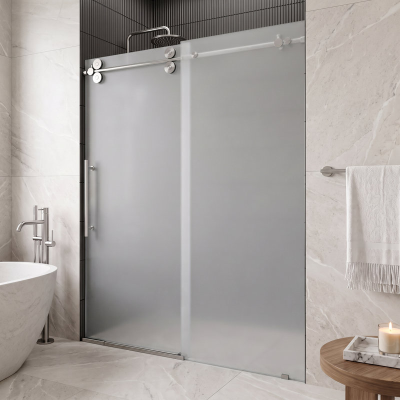 Elan 56-60" W x 74" H Sliding Frameless Shower Door with 3/8" Frosted Glass, Stainless Steel