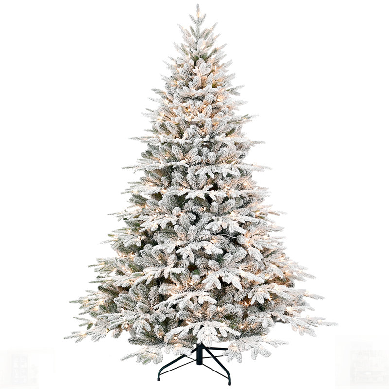 Arbre de Noël artificiel floqué pré-éclairé avec lumières, pin articulé PE + PVC enneigé, base en métal pliable, H 5 pi